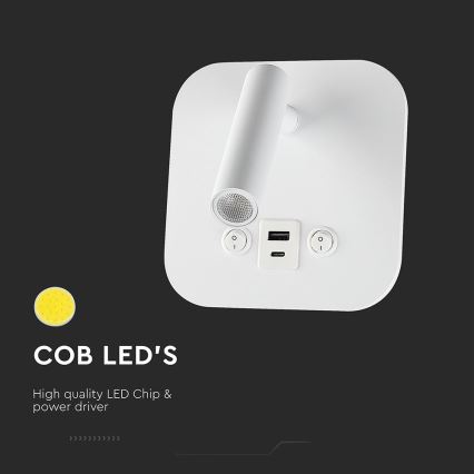 LED wandspot met USB-poort LED/8W/230V 3000K wit