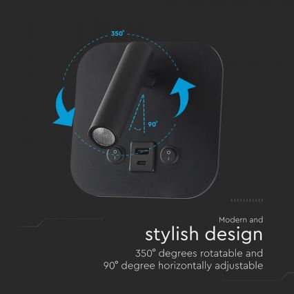 LED-wandspot met USB-poort LED/8W/230V 3000K zwart