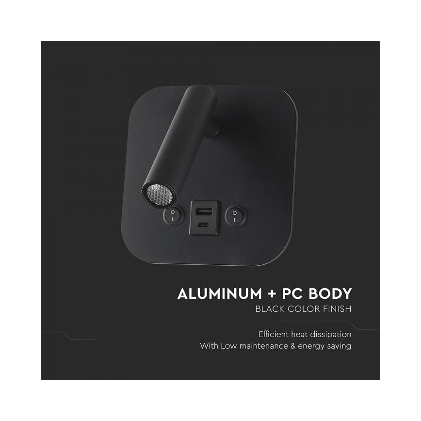 LED-wandspot met USB-poort LED/8W/230V 3000K zwart