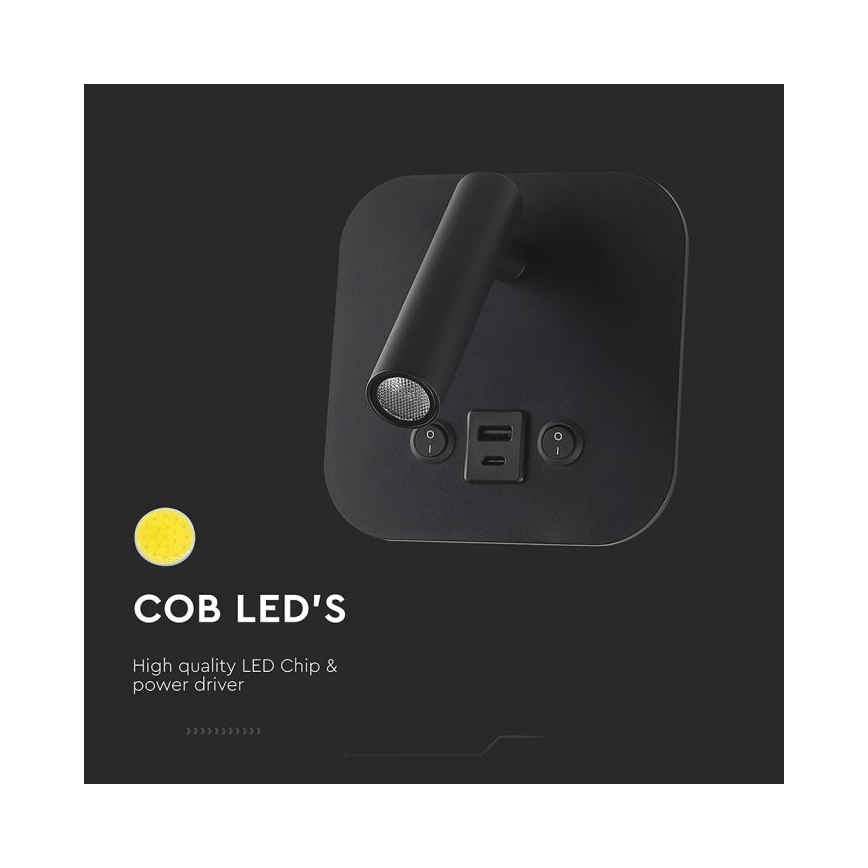 LED-wandspot met USB-poort LED/8W/230V 3000K zwart