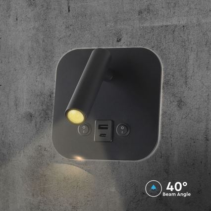 LED-wandspot met USB-poort LED/8W/230V 3000K zwart