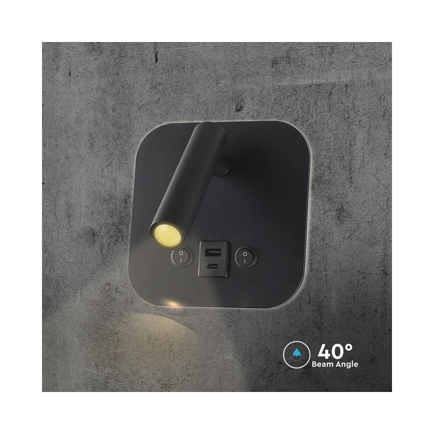 LED-wandspot met USB-poort LED/8W/230V 3000K zwart