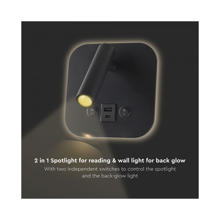 LED-wandspot met USB-poort LED/8W/230V 3000K zwart