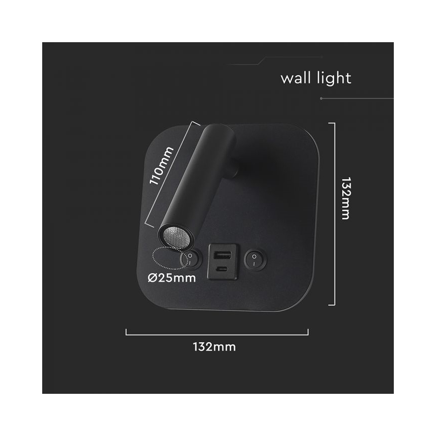 LED-wandspot met USB-poort LED/8W/230V 3000K zwart