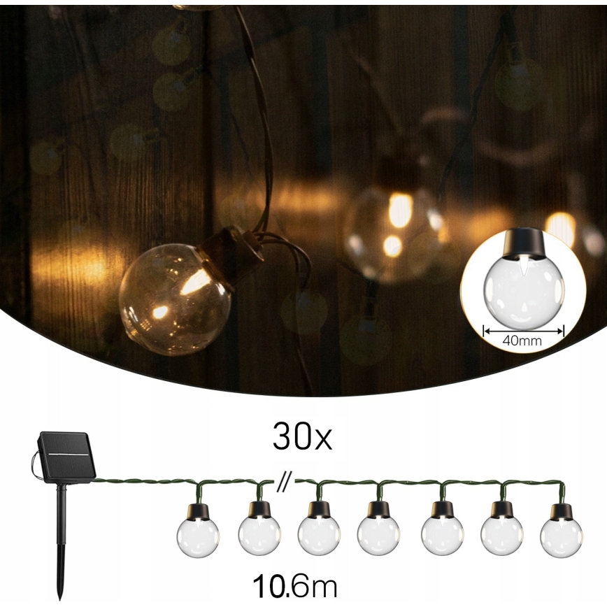 LED zonne-decoratiesnoer 30xLED/8 functies 500 mAh 10,6 m IP67 warm wit