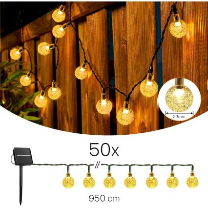 LED zonne-lichtsnoer decoratief 50×LED / 8 functies, 500 mAh, 9,5 m, IP67, warm wit