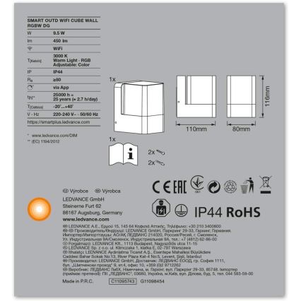 Ledvance - Applique murale LED RVBW extérieur SMART+ CUBE LED/9,5W/230V IP44 Wi-Fi