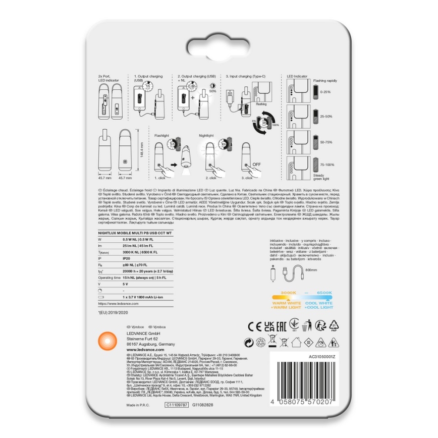 Ledvance - Batterie portative avec fonction lampe torche MOBILE LED/0,5W/5V 1800 mAh 2xUSB