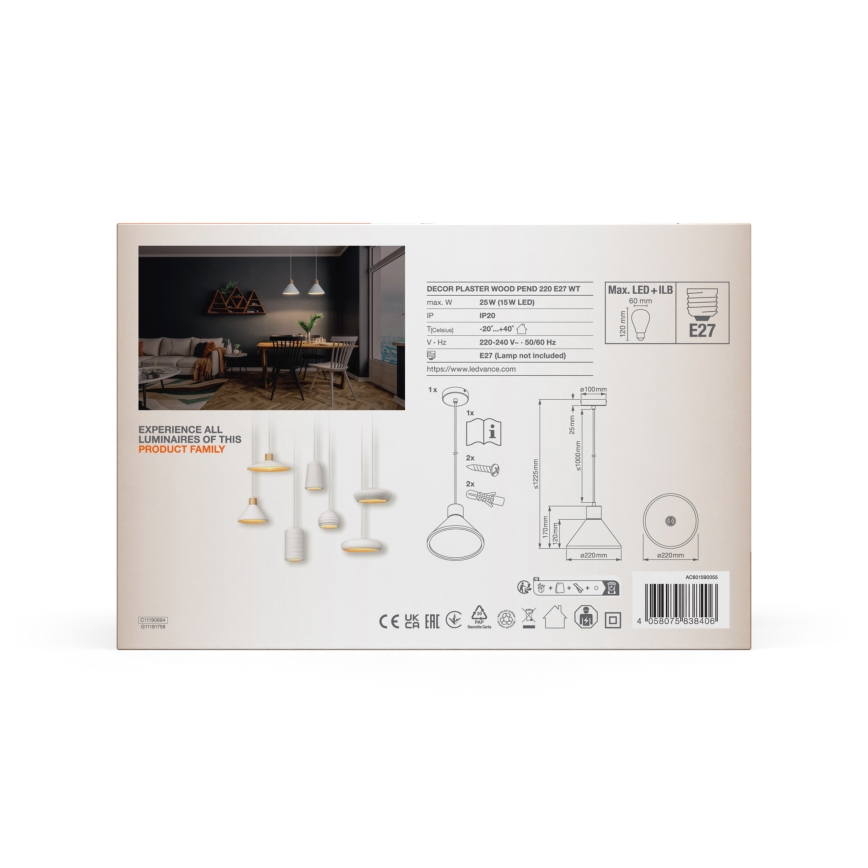 Ledvance - Hanglamp aan een koord DECOR PLASTER 1xE27/25W/230V diameter 22 cm gips wit