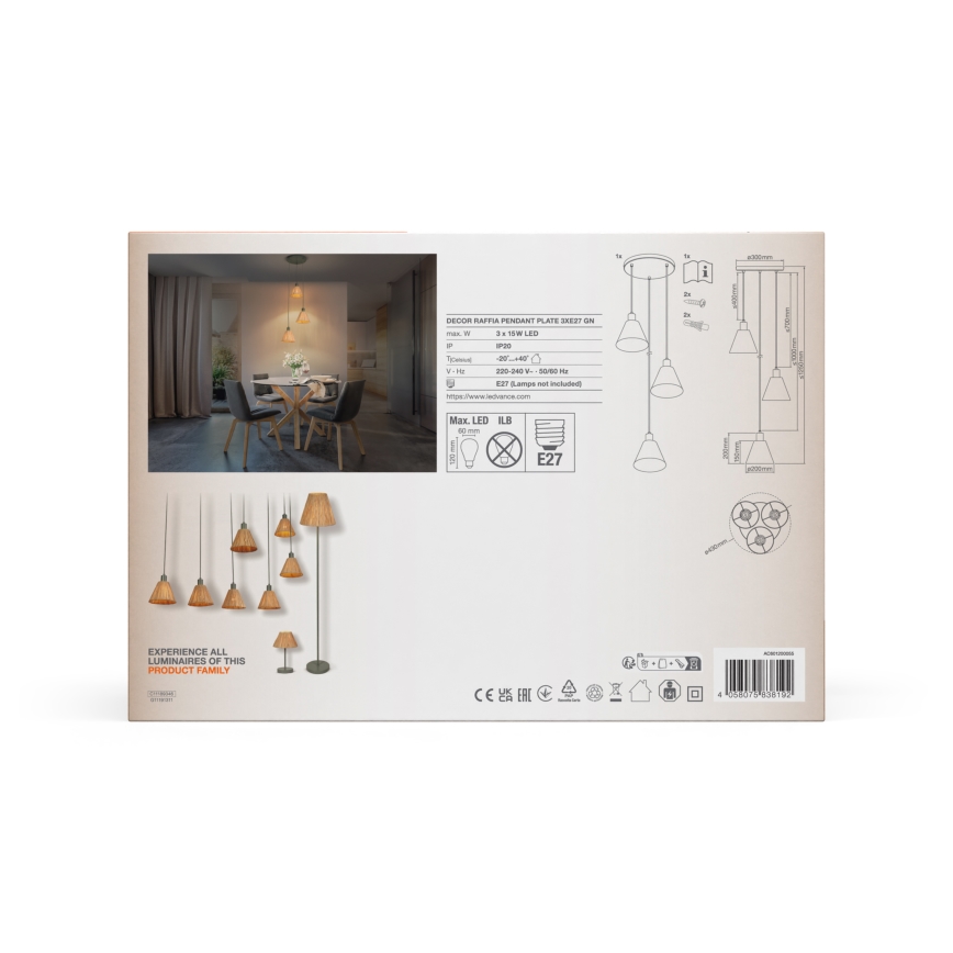 Ledvance - Hanglamp aan een koord DECOR RAFFIA 3xE27/15W/230V raffia bast