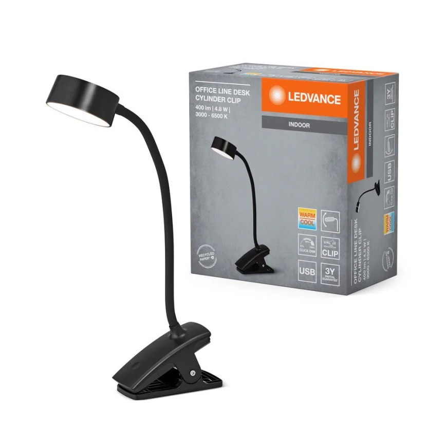 Ledvance - LED dimbare tafellamp met aanraakbediening en klem CYLINDER LED/4,8W/5V 3000-6500K zwart