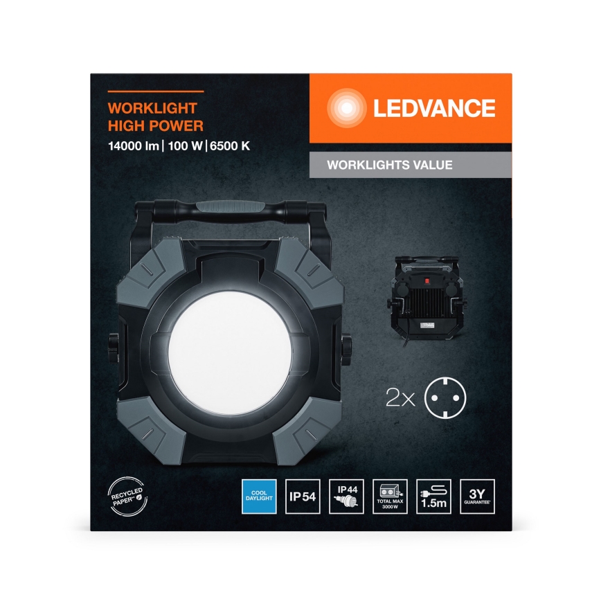 Ledvance - LED Dimbare Werkverlichting met 2 Stopcontacten WORKLIGHT VALUE LED/100W/230V IP54