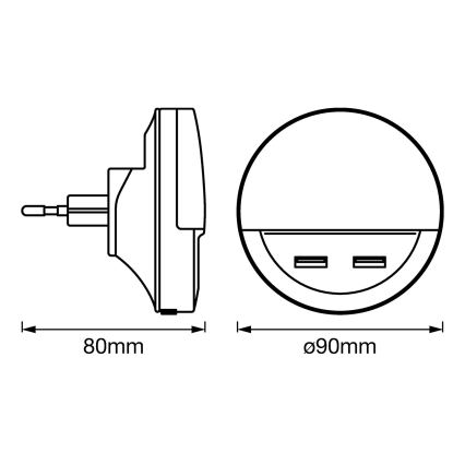 Ledvance - LED Nacht Lamp met Stopcontact en Sensor LUNETTA 2xUSB LED/13W/230V