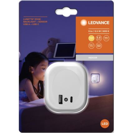 Ledvance - LED Stekker-nachtlamp met sensor en USB LUNETTA LED/12,5W/230V 3000K wit