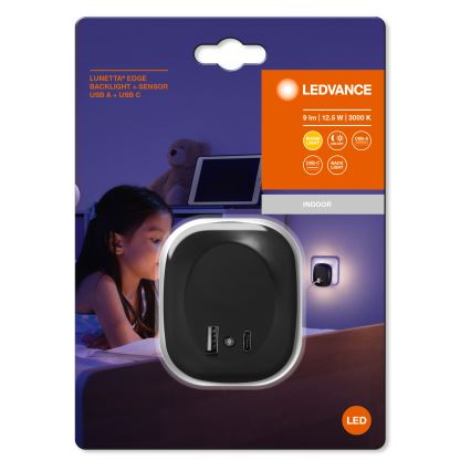 Ledvance - LED Stekker-nachtlamp met sensor en USB LUNETTA LED/12,5W/230V 3000K zwart