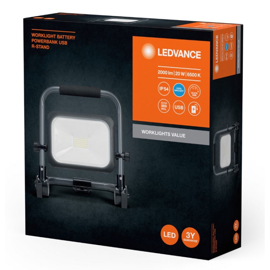 Ledvance - Projecteur extérieur rechargeable à intensité variable WORKLIGHT BATTERY LED/20W/5V 2200 mAh IP54