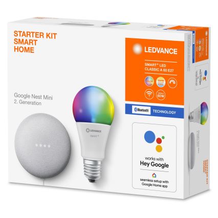 Ledvance - Slimme Luidspreker Google Nest Mini + LED RGBW Dimbare Lamp SMART+ A60 E27/60W/230V