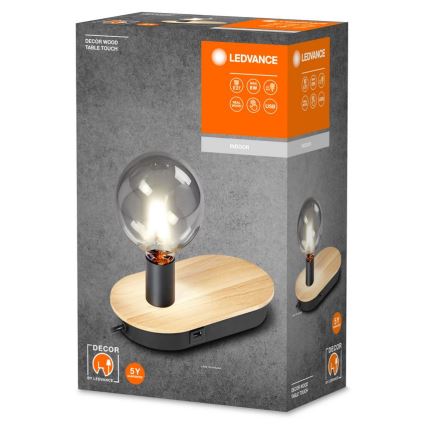 Ledvance - Touch-tafellamp met USB-aansluiting DECOR WOOD 1xE27/8W/230V rubberboom