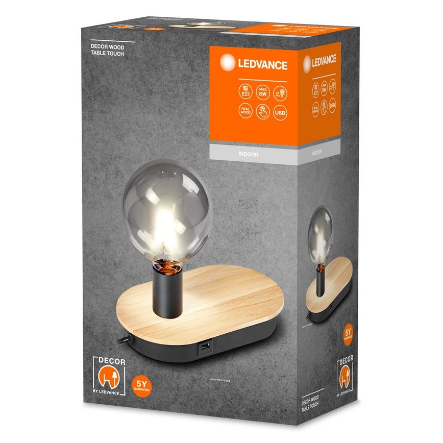 Ledvance - Touch-tafellamp met USB-aansluiting DECOR WOOD 1xE27/8W/230V rubberboom