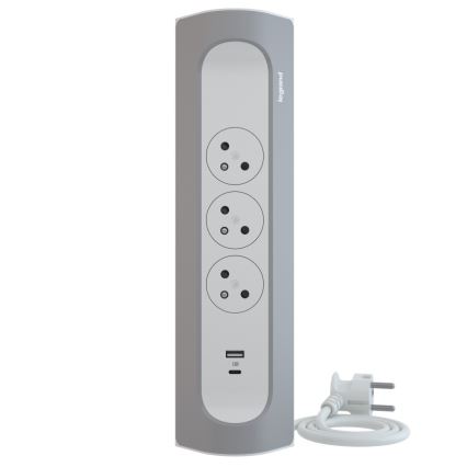 Legrand 049406 - Rallonge 3 prises Type E + USB-A + USB-C, 1 m, argenté/blanc