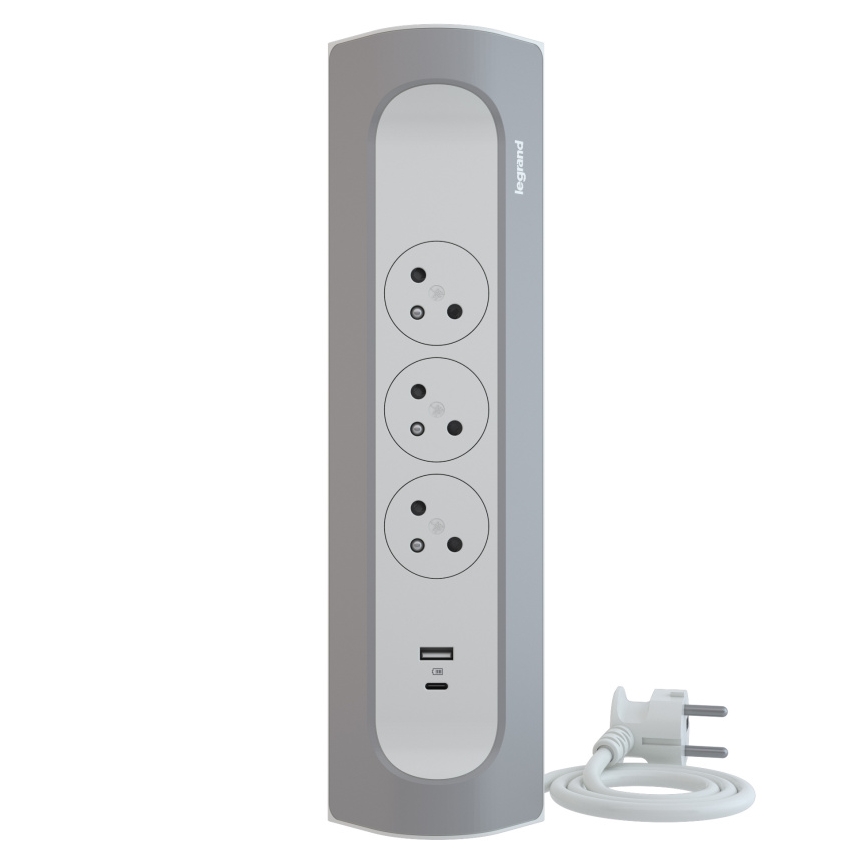 Legrand 049406 - Verlengsnoer 3-voudig Type E + USB-A + USB-C 1 m zilver/wit