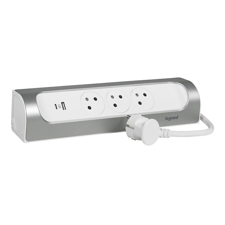 Legrand 049406 - Verlengsnoer 3Z Type E + USB-A + USB-C 1m zilver/wit