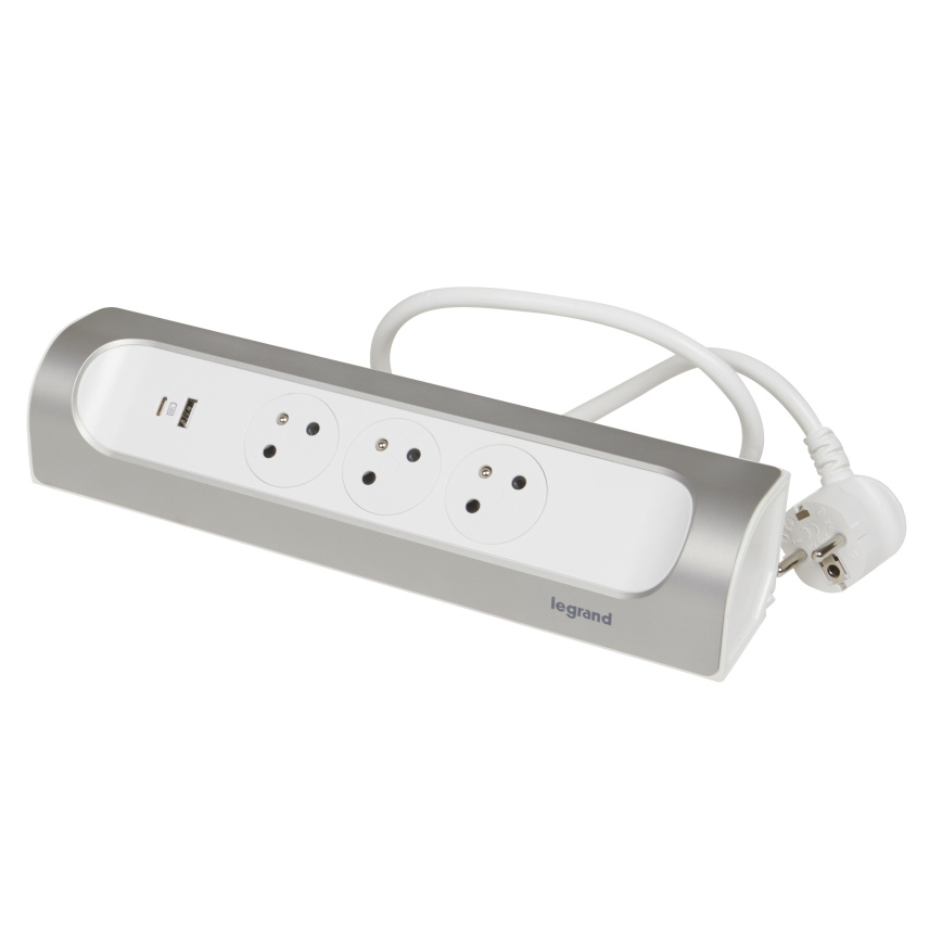 Legrand 049406 - Verlengsnoer 3Z Type E + USB-A + USB-C 1m zilver/wit