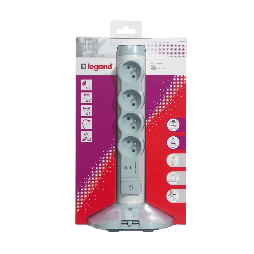 Legrand 50014 - Colonne de prise de courant extérieure 230V/16A, 4x2P+T + 3xUSB, 2M