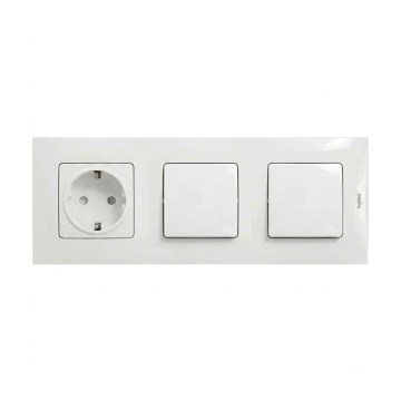 Legrand - Dubbele enkelpolige schakelaar nr. 1 en huishoudelijk SCHUKO-stopcontact met NILOE-afdekraam 250V wit