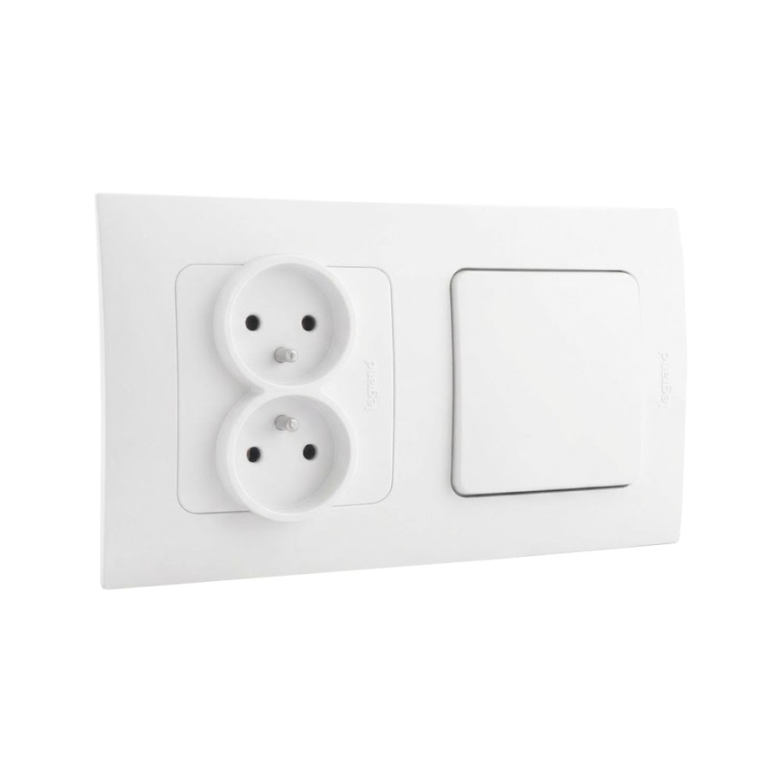 Legrand - Dubbele huishoudelijke wandcontactdoos en eenpolige schakelaar nr. 1 met afdekraam NILOE 250 V wit