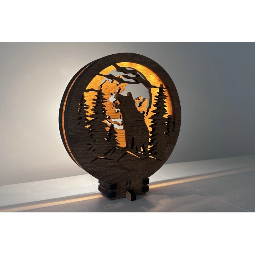 Li-Go 23574/DUB2 - Dimbare LED-tafeldecoratie LED/12W/230V 20x22 cm eik/Wolf en maan