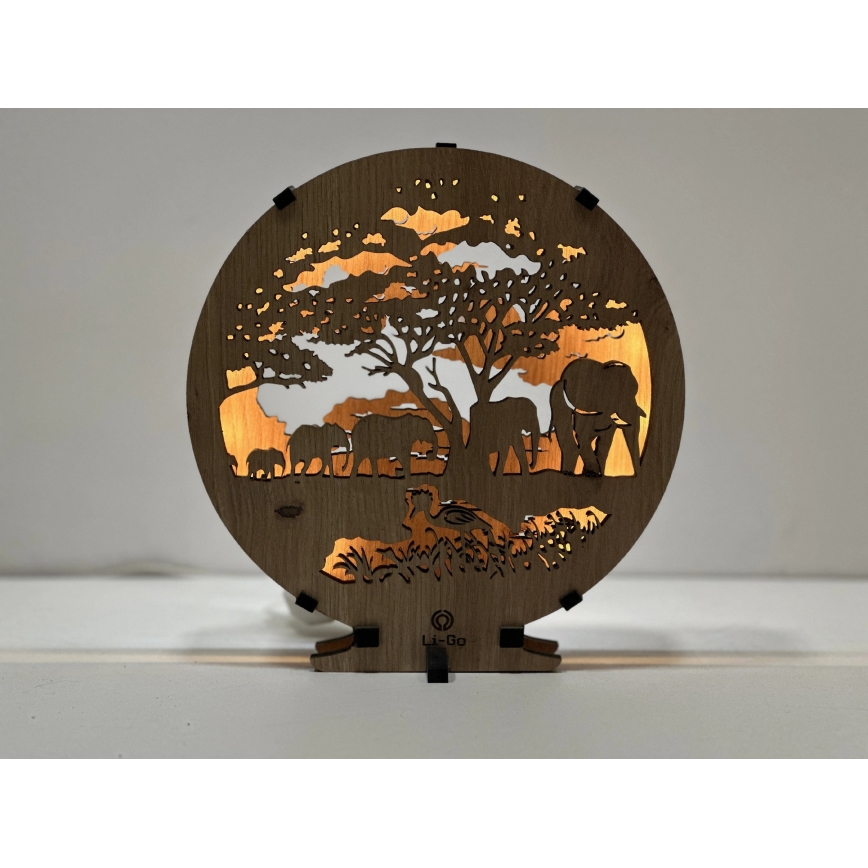 Li-Go 23610/DUB2 - Lampe décorative de table LED dimmable, 12 W/230 V, 20 x 22 cm, chêne/Éléphants