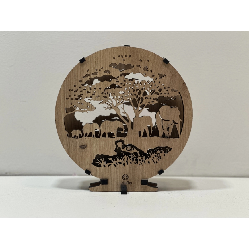 Li-Go 23610/DUB2 - Lampe décorative de table LED dimmable, 12 W/230 V, 20 x 22 cm, chêne/Éléphants