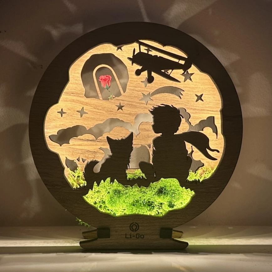 Li-Go 23634/DUB2 - Dimbare LED tafeldecoratie LED/12W/230V 20x22 cm eiken/De Kleine Prins met een roos