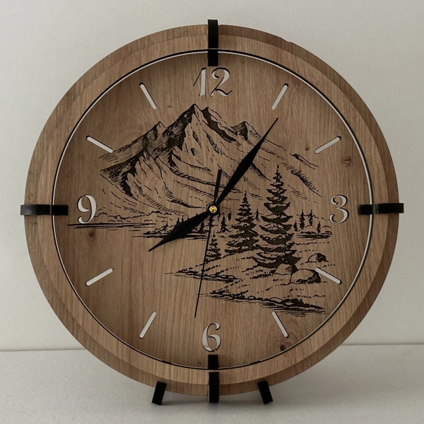 Li-Go 23676/DUB5 - Horloge murale en bois, 1 pile AA, Ø 32 cm, chêne/montagnes