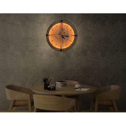 Li-Go 23688/DUB2 - Horloge LED dimmable à capteur de mouvement LED/5V 20000 mAh + 1xAA Ø 32 cm chêne/Pissenlit