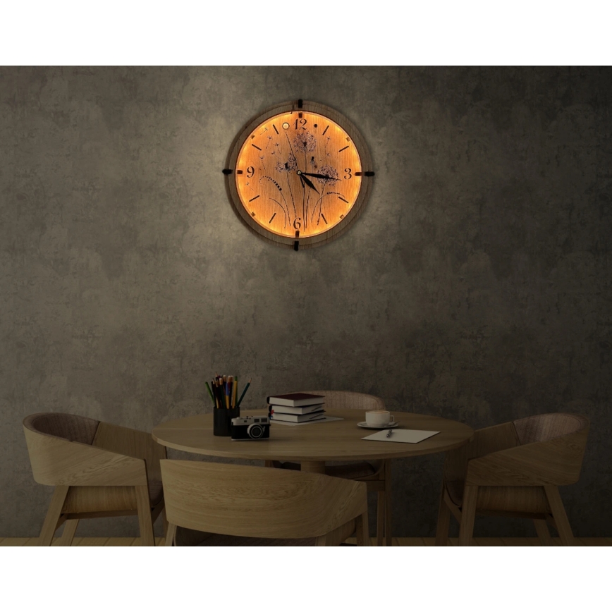 Li-Go 23688/DUB2 - Dimbare LED-klok met bewegingssensor, LED/5V, 20000 mAh + 1xAA, Ø 32 cm, eik/paardenbloem