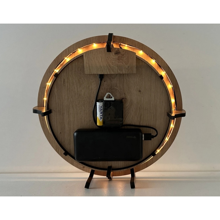 Li-Go 23688/DUB2 - Dimbare LED-klok met bewegingssensor, LED/5V, 20000 mAh + 1xAA, Ø 32 cm, eik/paardenbloem