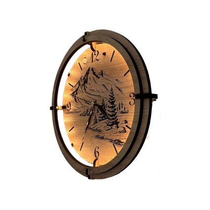 Li-Go 23697/DUB/BAT2 - Horloge LED à intensité réglable avec capteur de mouvement LED/10W/5V 20000 mAh + 1xAA Ø 32 cm chêne/Montagnes