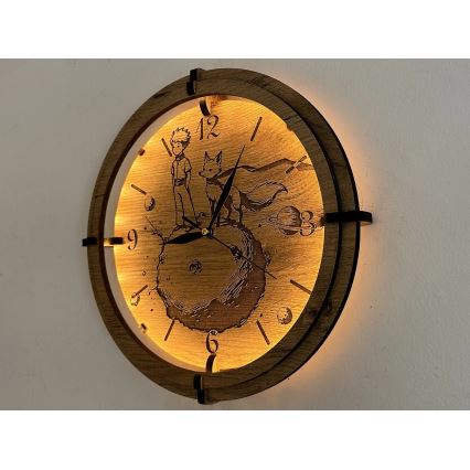 Li-Go 23712/DUB/BAT2 - Horloge LED à intensité réglable avec capteur de mouvement LED/10W/5V 20000 mAh + 1xAA Ø 32 cm chêne/Le Petit Prince