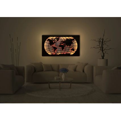 Li-Go 4709/DUB2 - Décoration murale LED RGBW dimmable LED/24W/230V 125x74 cm chêne/Carte du monde — parallèles + télécommande