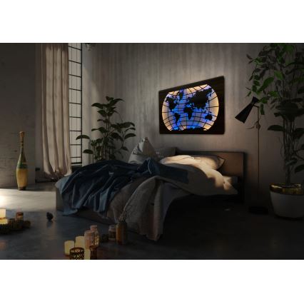 Li-Go 4709/DUB2 - Décoration murale LED RGBW dimmable LED/24W/230V 125x74 cm chêne/Carte du monde — parallèles + télécommande