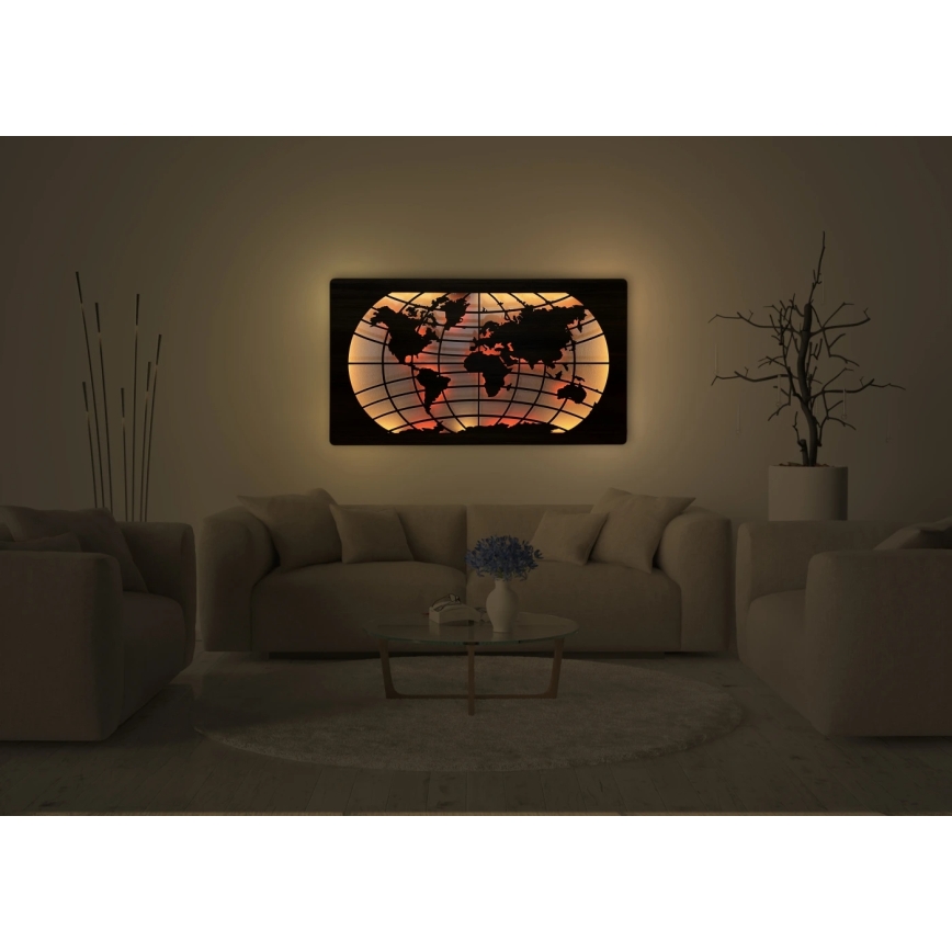 Li-Go 4709/DUB2 - LED RGBW dimbare wanddecoratie LED/24W/230V 125x74 cm eiken/wereldkaart met parallellen + afstandsbediening