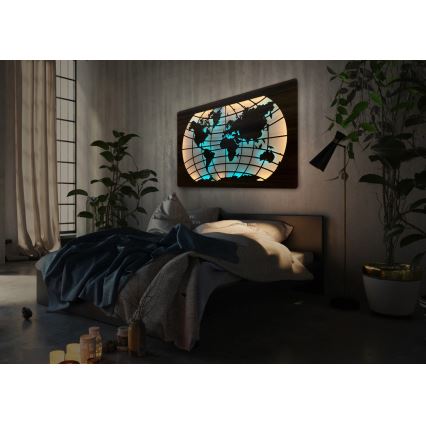 Li-Go 4709/DUB2 - LED RGBW dimbare wanddecoratie LED/24W/230V 125x74 cm eiken/wereldkaart met parallellen + afstandsbediening