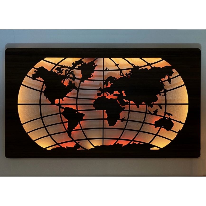Li-Go 4709/DUB2 - LED RGBW dimbare wanddecoratie LED/24W/230V 125x74 cm eiken/wereldkaart met parallellen + afstandsbediening