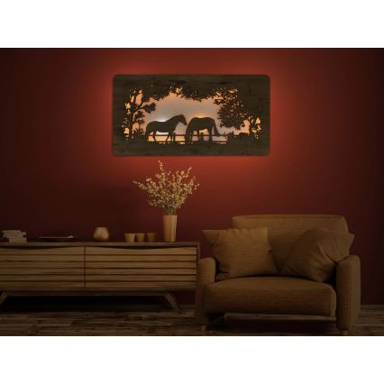 Li-Go 5012/B/4 - Décoration murale LED dimmable LED/10W/5V 30000 mAh 120x60 cm chêne/chevaux + télécommande
