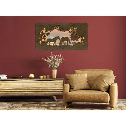 Li-Go 5012/B/4 - Dimbare LED wanddecoratie LED/10W/5V 30000 mAh 120x60 cm eik/paarden + afstandsbediening