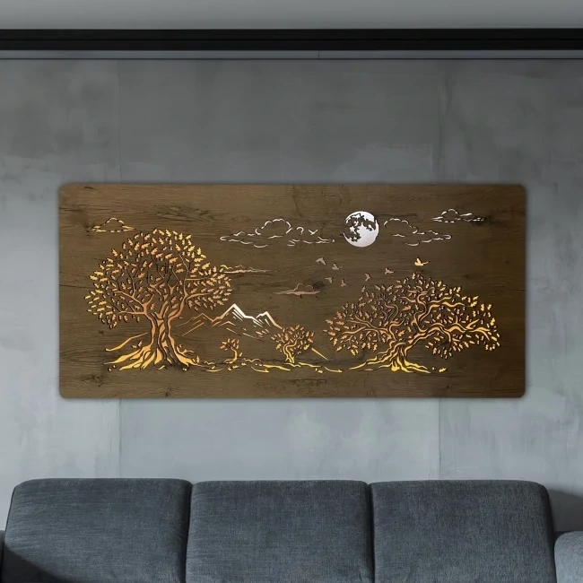 Li-Go 5478/DUB2 - Dimbare LED-wanddecoratie LED/24W/230V 130x60 cm eik/Vier eikenbomen en maan