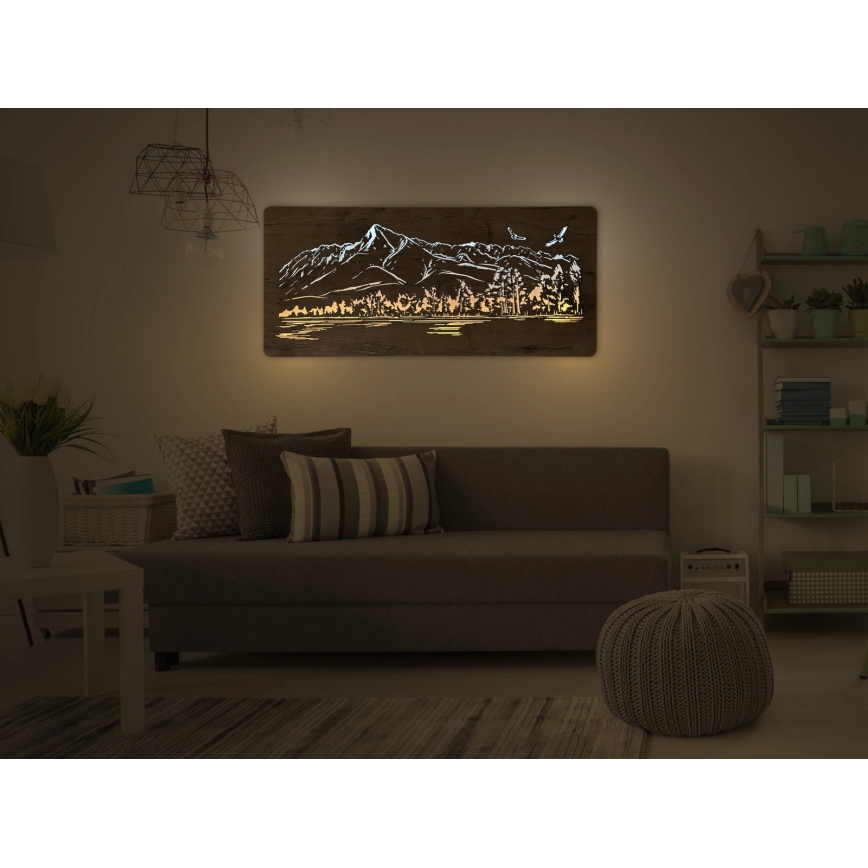 Li-Go 5589/A/DUB2 - Décoration murale LED à intensité variable LED/10W/5V 30000 mAh 110x50 cm chêne/Montagnes avec oiseaux