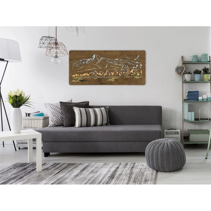 Li-Go 5589/A/DUB2 - Dimbare LED-wanddecoratie LED/10W/5V 30000 mAh 110x50 cm eiken/Bergen met vogels